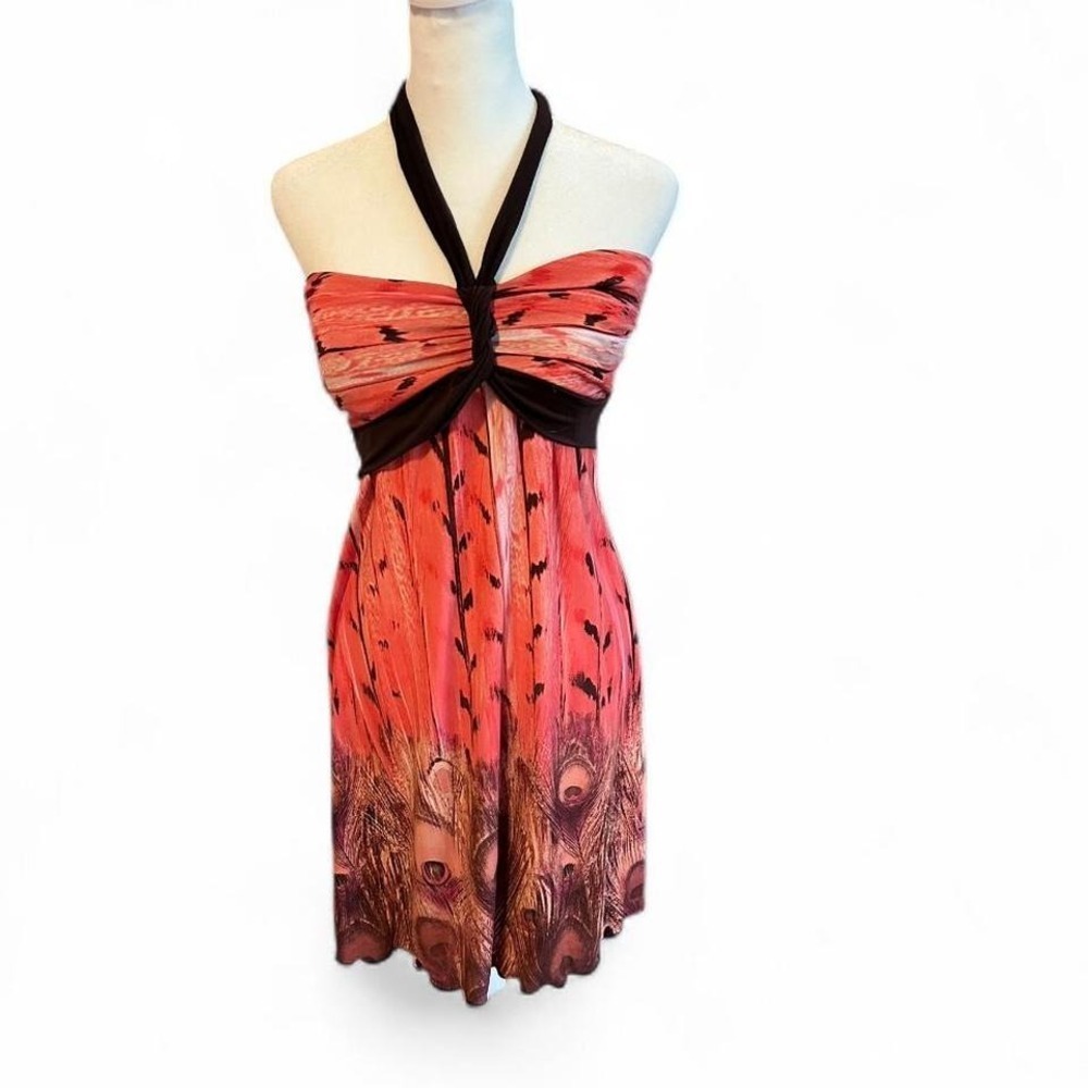 La Belle Vintage Y2K Pink Peacock Halter Mini Dress Small Beach Festival Boho